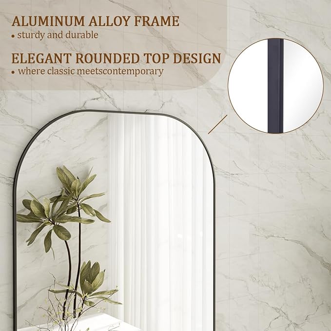 Koonmi Mirror, 71x26 inch Full Length with Stand, Black, Rounded Top, Floor Mount, Aluminum Frame, for Bedroom, Living Room