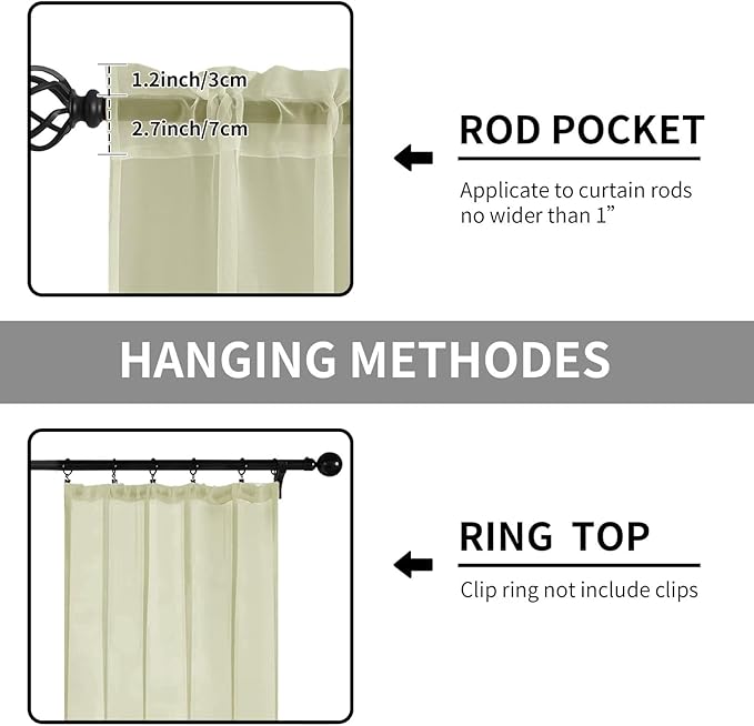 Sheer Curtains 72 Inches Long 2 Panels, Rod Pocket Short Curtain for Kitchen, Bedroom, Cafe Window(Sage Green 38" W x 72" L)