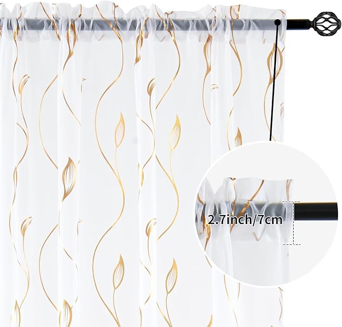 Gold Foil Print Sheer Curtains 90 inches Long, 2 Panels Wicker Bronzing Treatment Sheer Curtain, Rod Pocket Window Treatment Panels for Bedroom Living Room