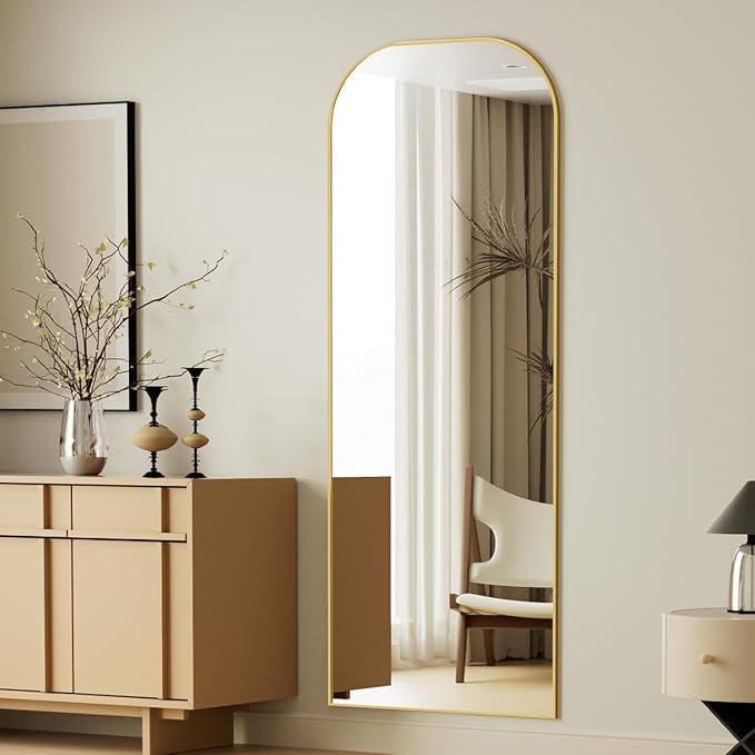 Koonmi Full Length Mirror, 56"x21" Mirror Full Length with Stand, Gold Domed Top Square-Edged Floor Mirror with Aluminum Alloy Frame for Bedroom Living Room