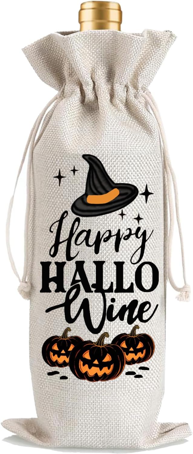 1Pcs Happy Hallo Gifts Wine Bag,Halloween Wine Bag Happy Hallo wine Halloween Gifts Party Decorations for Women Men with 1Pcs Kraft Blessing Cards and natural jute rope