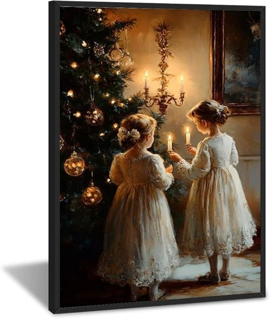 Vintage christmas wall art christmas tree wishing girl canvas poster winter room holiday decoration for farmhouse cabin living room bedroom black framed12x16inch