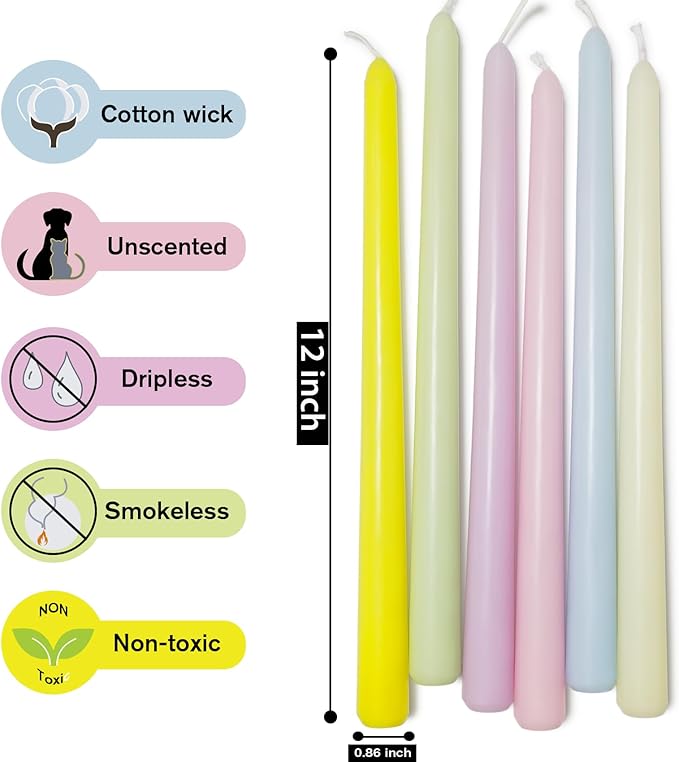 Long Taper Candles 6 Pcs Unscented Taper Candlesticks for Dinner Home Decor Kitchen Wedding Birthday Party Decorations