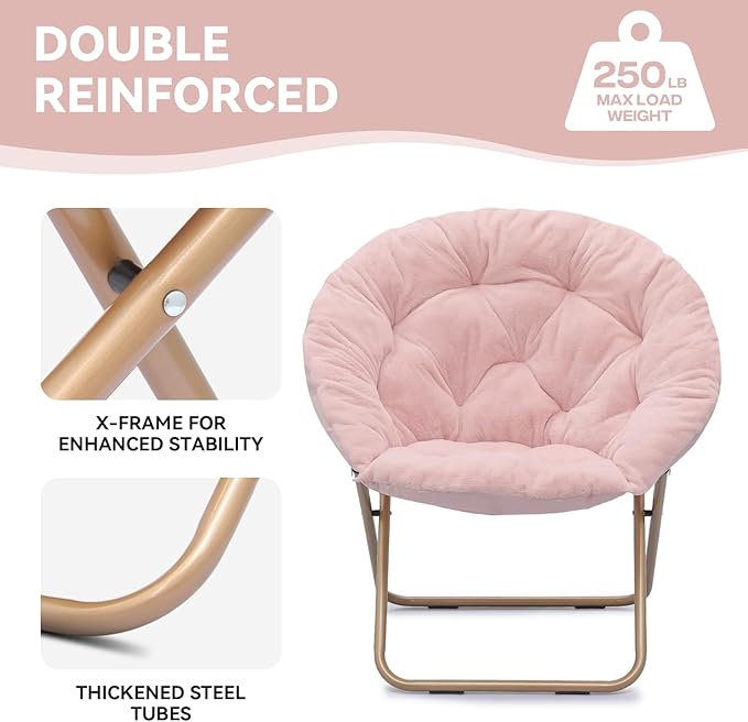 Magshion Saucer Chair for Adults, Comfy Living Room Lounge Chair for Bedroom Corner, Dorm, Apartment, Faux Fur Fluffy Circle Accent Seat with Thick Padded & Folding Metal Frame (Pink)