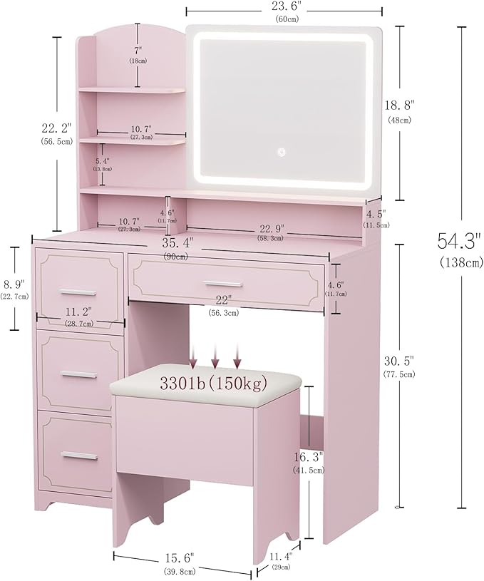 Vanity Table with LED Mirror & Power Outlet - 5 Open Shelves, 4 Drawers - Includes Padded Stool - Ideal Bedroom Makeup Dressing Table (Pink)
