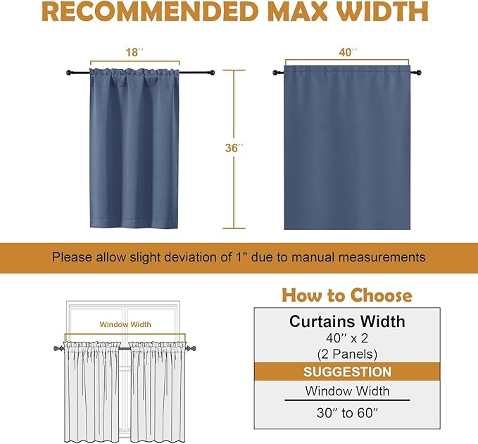 Aiyufeng Denim Blue Short 36 Inches Blackout Curtain 2 Panels Set, Half Window Rod Pocket Privacy Curtain Tiers for Kitchen, Curtains Blackout for Bathroom Shades, W40 x L36 Inch, Denim Blue