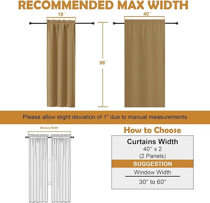 Aiyufeng Gold Blackout Curtains for Bedroom 96 Inches Long 2 Panels, Solid Thermal Insulated, Energy Saving Living Room Window Treatment Curtains Blackout Drapes, W40 x L96 Inch, Gold