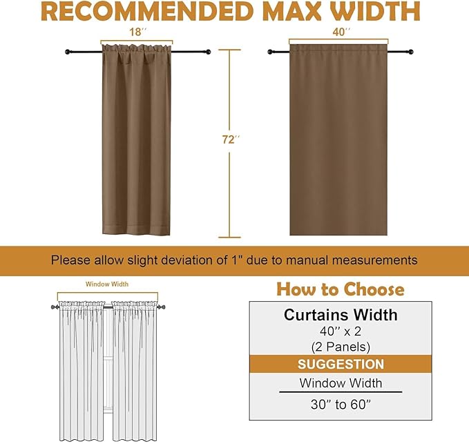 Aiyufeng Brown Blackout Curtains for Bedroom 72 Inch Length 2 Panels Set, Privacy Thermal Insulated Rod Pocket Window Curtains for Patio French Door Front Door, W40 x L72 Inch, Brown