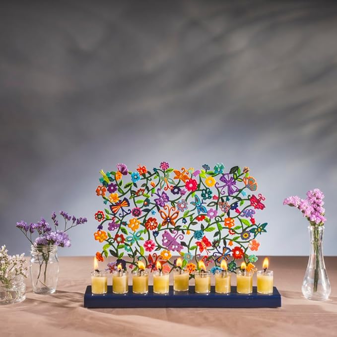 Yair Emanuel Menorah for Hanukkah | Colorful Hand Painted Design | Judaica Gift (Flowers & Butterflies (HAY-3))