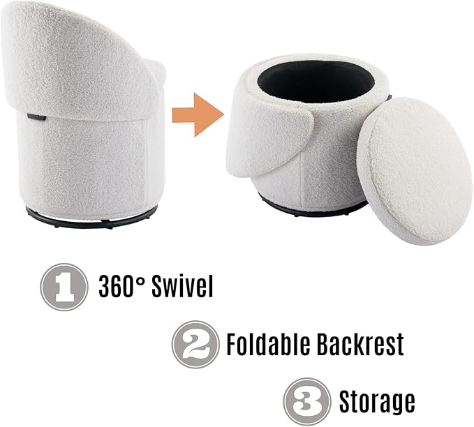 LukeAlon Sherpa Makeup Ottoman with Storage, Upholstered 360° Swivel Vanity Stool with Foldable Backrest Modern Cylindrical Footrest Stool for Living Room Bedroom, White