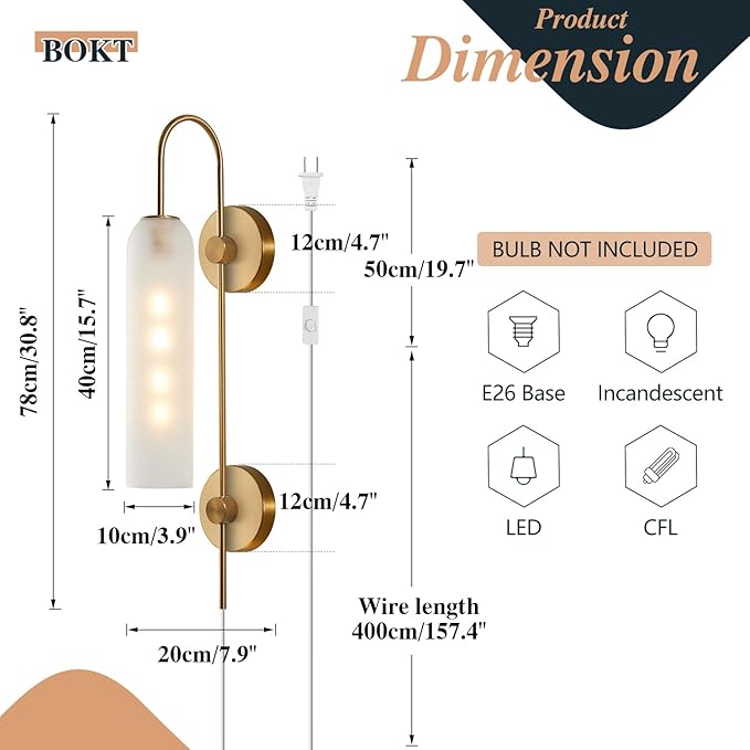 BOKT Mid Century Modern Plug in Wall Sconces Indoor Long Brushed Gold Milk White Glass Sconces Wall Lighting Single Wall Sconce Bathroom Vanity Light Brass Wall Mounted Light Fixture (White)
