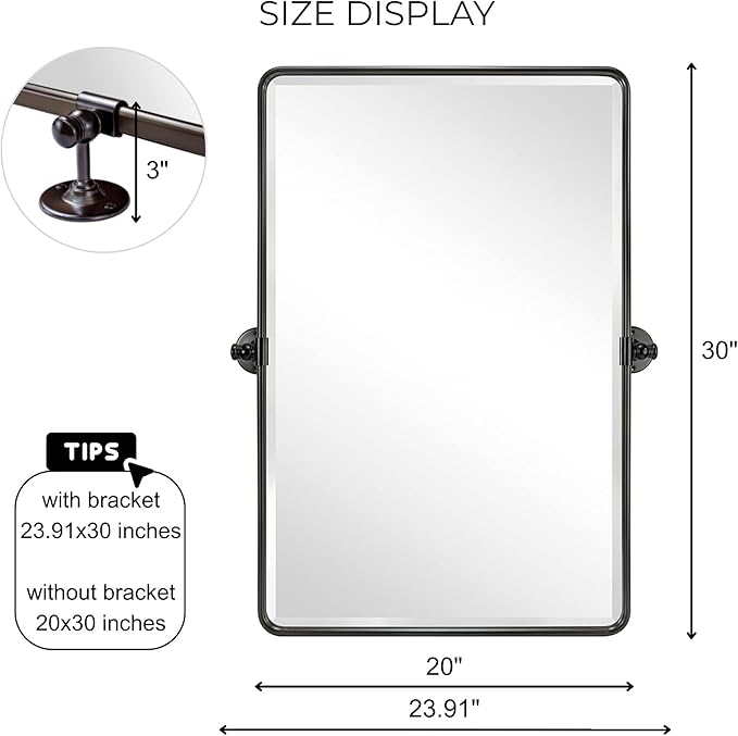 Farmhouse Pivot Rectangle Bathroom Mirror Oil Rubbed Bronze Metal Framed Tilting Beveled Vanity Mirrors for Wall, Overall 23.91 x 30 inches (Mirrror 20 x 30 inches)