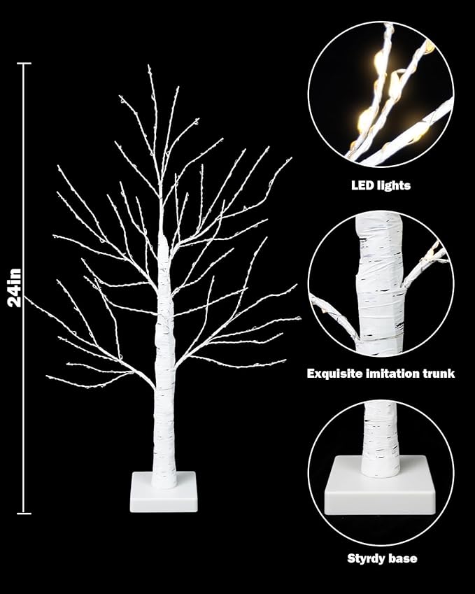 24 Inch Birch Tree with 144 LED Lights, Artificial Lighted Mini White Light Up Tree with Timer for Christmas Indoor Home Mantle Tabletop Centerpiece Decor