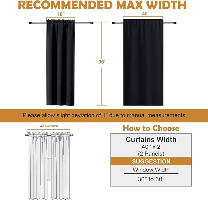 Aiyufeng Halloween Black Blackout Curtains for Bedroom 96 Inches Long 2 Panels, Solid Thermal Insulated, Energy Saving Living Room Window Treatment Curtains Blackout Drapes, W40 x L96 Inch