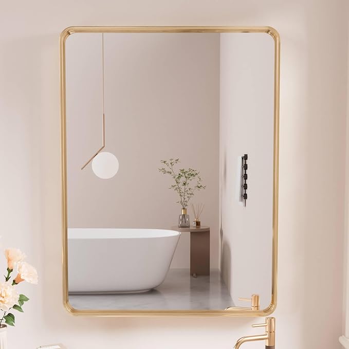 Gold Bathroom Mirror, 20x30 Inch Brushed Gold Metal Frame Mirror for Wall, Rounded Rectangle Bathroom Vanity Mirror, Tempered Glass, Anti-Rust, Horizontal/Vertical