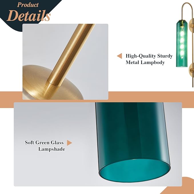 BOKT Modern Gold Plug in Wall Sconce Green Glass Bedside Wall Light Fixtures Plug in Cord Mid Century Long Metal Wall Sconce Single Bathroom Bar Wall Lamp (Green)