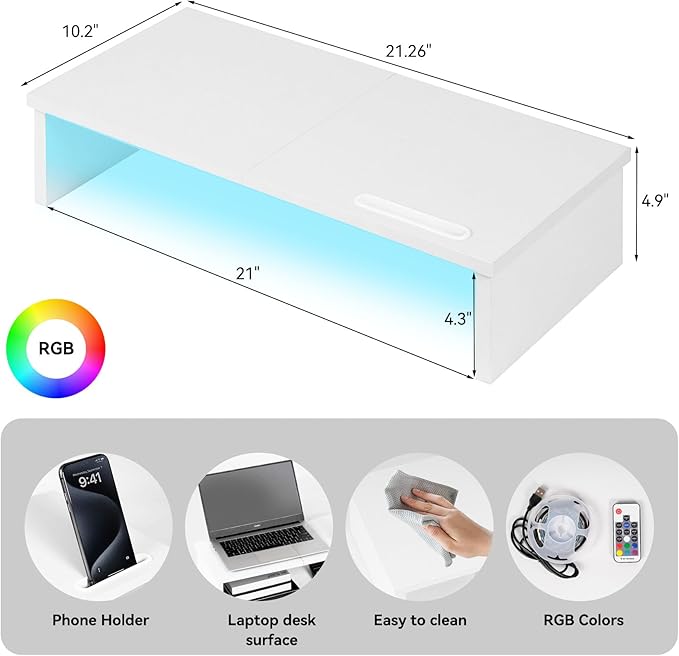 21" Monitor Stand Riser with LED Lights and Phone Holder, Monitor Stand for Desk, Computer Monitor Stand, Desk Shelf for Top of Desk, Desktop Organizer for Laptop, Printer, TV