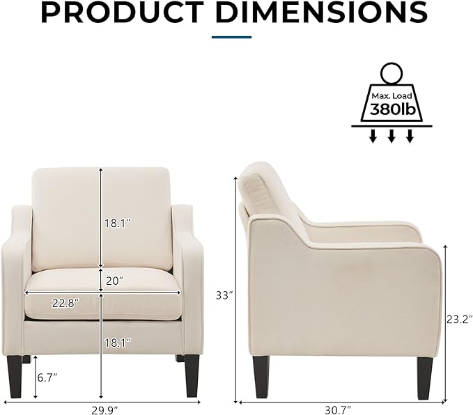 VINGLI Modern Accent Chairs Set of 2, Beige Living Room Chairs Comfy Armchair for Bedroom, Upholstered Sofa Chair Reading Chair for Small Spaces, Apartment, Waiting Room