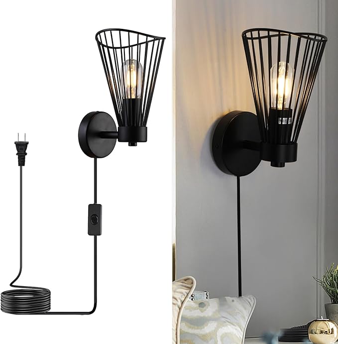 Plug in Wall Sconce Indoor, Industrial Wall Sconces, Farmhouse Wall Lamp with Plug in Cord, Vintage Black Wall Lights with On/Off Switch, Metal Wall Light Fixture for Living Room Bedroom Rustic, E26
