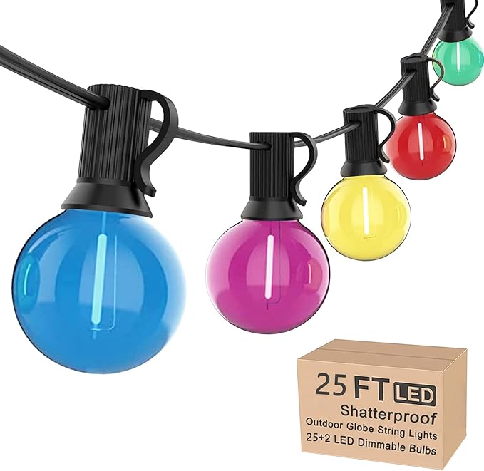 G40 LED Outdoor String Lights,25Ft Globe Multicolor Christmas Decorations String Lights with 27 Shatterproof LED Bulbs, Hanging Outdoor Patio Lights for Outside Backyard Porch Balcony Party- Black