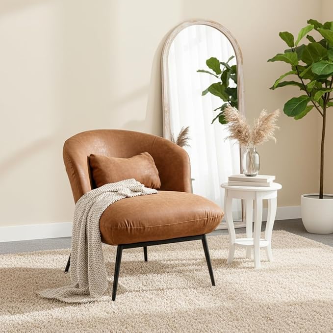LukeAlon PU Leather Single Sofa Chairs Set of 2, Modern Upholstered Accent Chairs with Metal Legs and Pillow Cute Living Room Chairs Wide Seat Slipper Chairs for Bedroom Reception Area, Brown