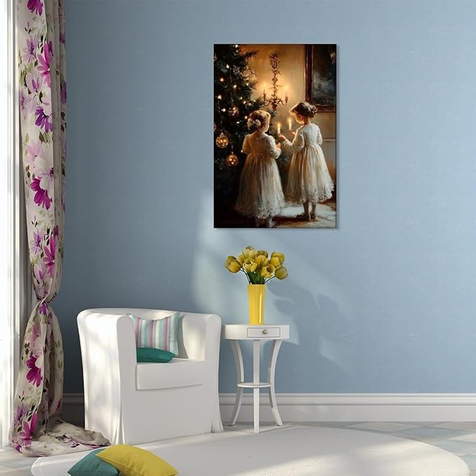 Vintage christmas wall art christmas tree wishing girl canvas poster winter room holiday decoration for farmhouse cabin living room bedroom Framed12x18inch