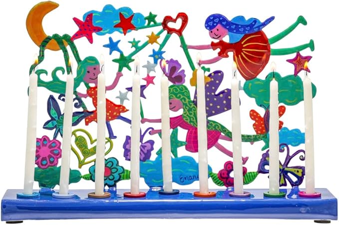 Yair Emanuel Menorah for Hanukkah | Colorful Hand Painted Design | Judaica Gift (Fairies (HAY-5))