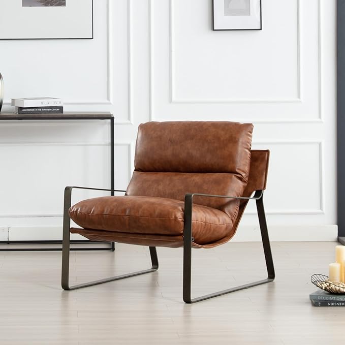 HEAH-YO Modern Accent Chair Set of 1, Upholstered PU Faux Leather Living Room Chair with Bronze Metal Legs, Comfy Arm Side Chair for Bedroom, Brown