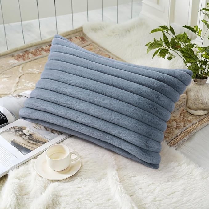 decorUhome Faux Fur Throw Pillow Covers 12x20 Set of 2, Decorative Soft Plush Striped Lumbar Neutral Couch Euro Pillow Covers with Velvet Back for Sofa, Bed, Living Room Home Decor, Grey Blue