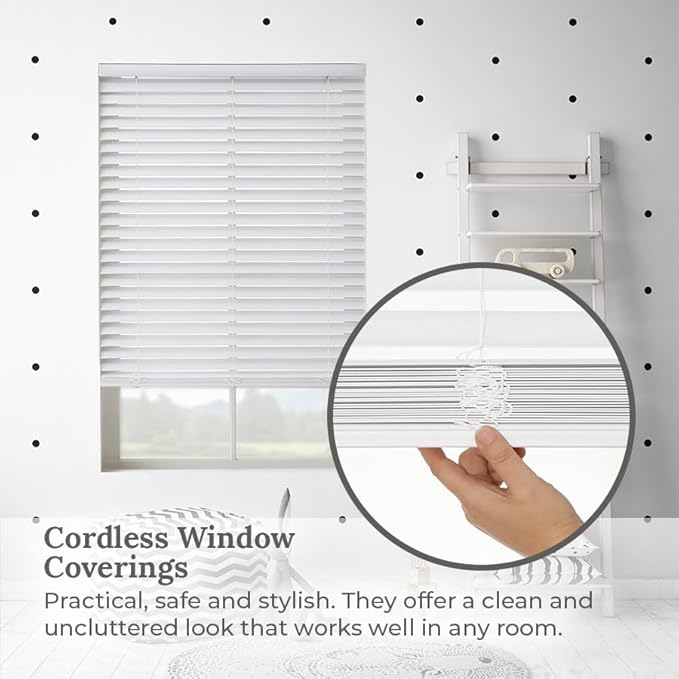 SelectBlinds 2β SWave Cordless Faux Wood Blinds β Maximum Light Control β Any Size 22-72β W x 36-72β H, No Tilt Wand, Inside or Outside Mount (White)