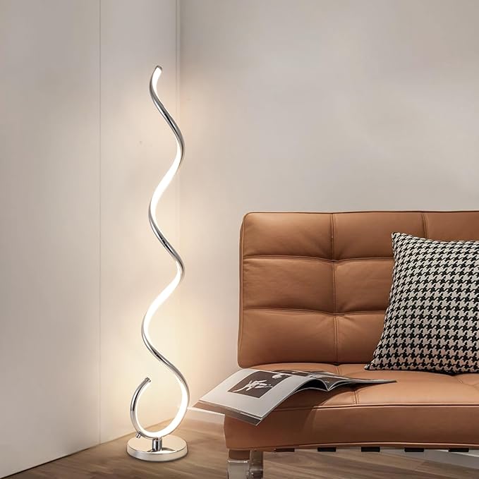 ADISUN LED Modern Floor Lamp for Living Room, Spiral Floor Lamp for Bedroom, 48W Dimmable Floor Lamps for Living Room Office Dining Room-Silver Remote Control