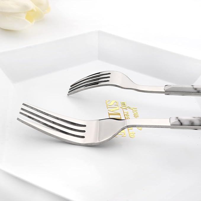 20 Piece (4 Set) Silver Stainless Steel Tableware With White Marble Handle, Wedding Cutlery And Daily Use, Silverware For Home Restaurant Party, Mirror Finished