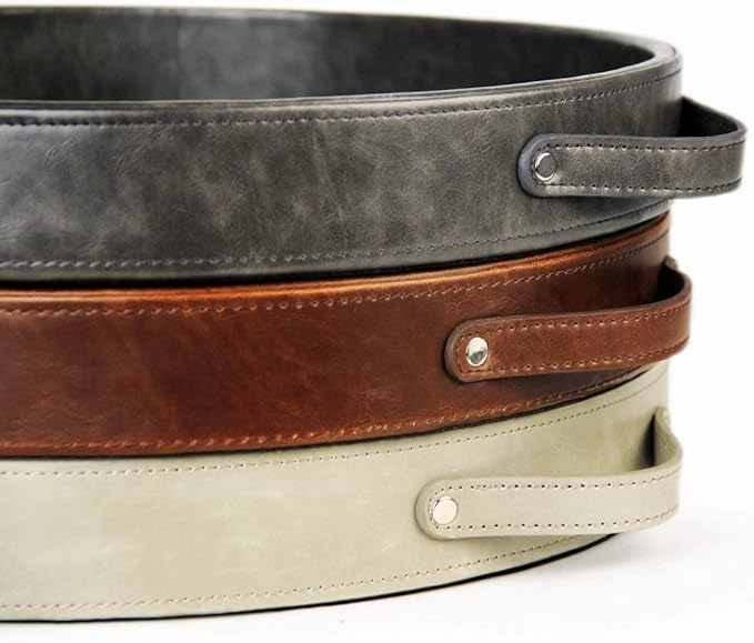 HofferRuffer Top Nocth PU Leather Round Serving Tray, Decorative Serving Tray with Handles, Coffee Tray, Ottoman Tray for Home Or Office, Diameter 14.6-inch, Brown