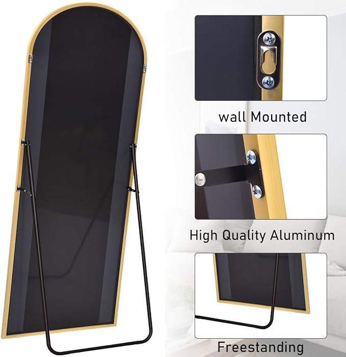 Floor Length Mirror, 76"x34" Arch Full Length Mirror Hanging or Leaning, Body Mirrors with Stand, Arched-Top Wall Mounted Mirrors with Aluminum Frame for Bedroom (Gold)