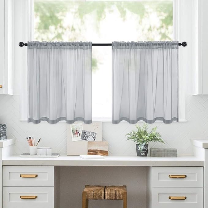 MIULEE Short Sheer Curtains 30 Inch Length for Kitchen Bathroom Cafe Half Window Treatment, Rod Pocket Tier Curtains 2 Panels, 29x30 Inches Long, Dark Grey