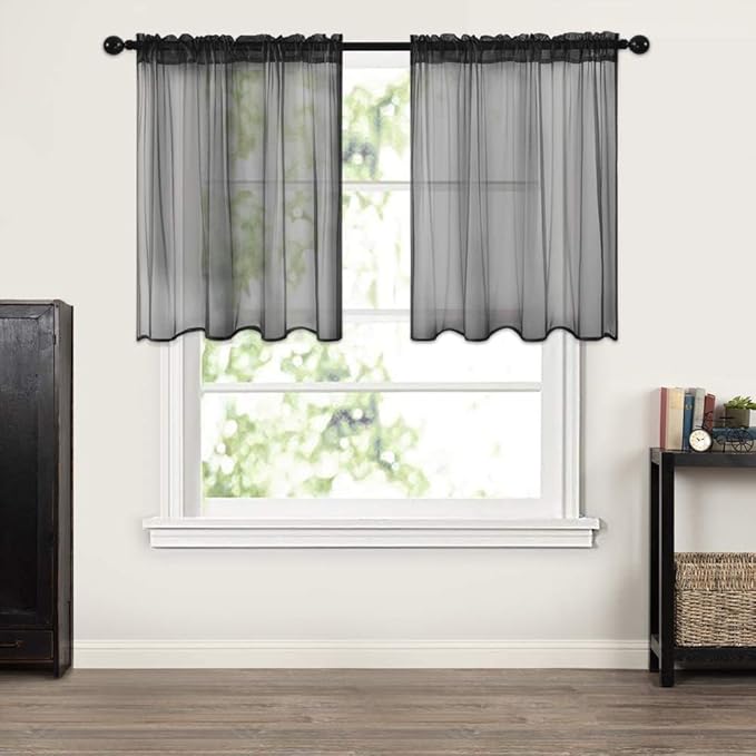MIULEE 2 Panels Kitchen Tiers Half Window Sheer Halloween Curtains-Rod Pocket Voile Drapes for Kitchen Bathroom-Small Windows 29 by 24 Inch Black