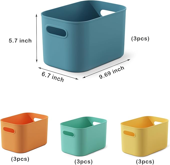 12 Pack Colorful Plastic Storage Bins, Storage Container for Organizing, Colored Storage Boxes with Handle for Shelves, Cute Organizer Bins for Craft, Snacks, Cabinet, 9.69x6.7x5.7 inch