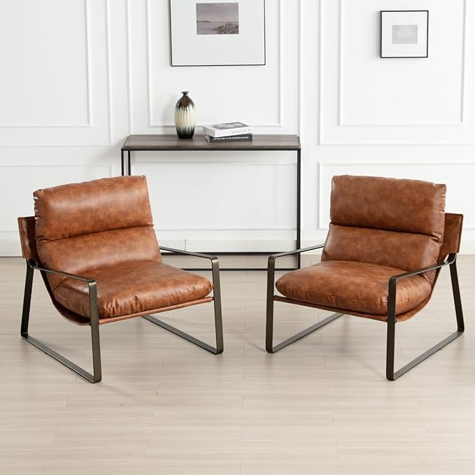 HEAH-YO Modern Accent Chairs Set of 2, Upholstered PU Fuax Leather Living Room Chairs with Bronze Metal Legs, Comfy Arm Side Chairs for Bedroom, Brown