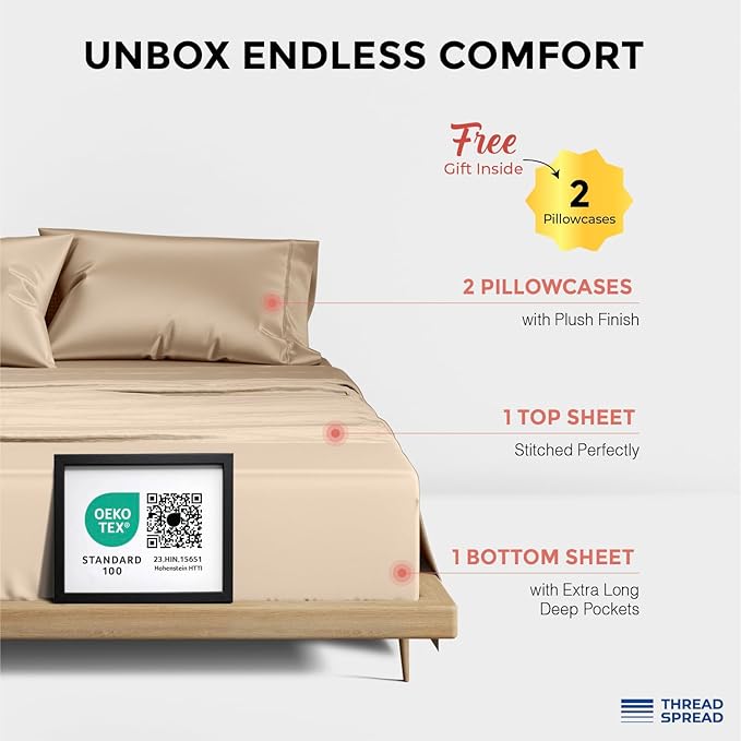 THREAD SPREAD 100% Egyptian Cotton Sheets California King Size - 1200 Thread Count 4 PC Cal King Sheet Egyptian Cotton, Cooling Sateen Sheet, High TC Sheets California King, Fits Upto 19" - Taupe