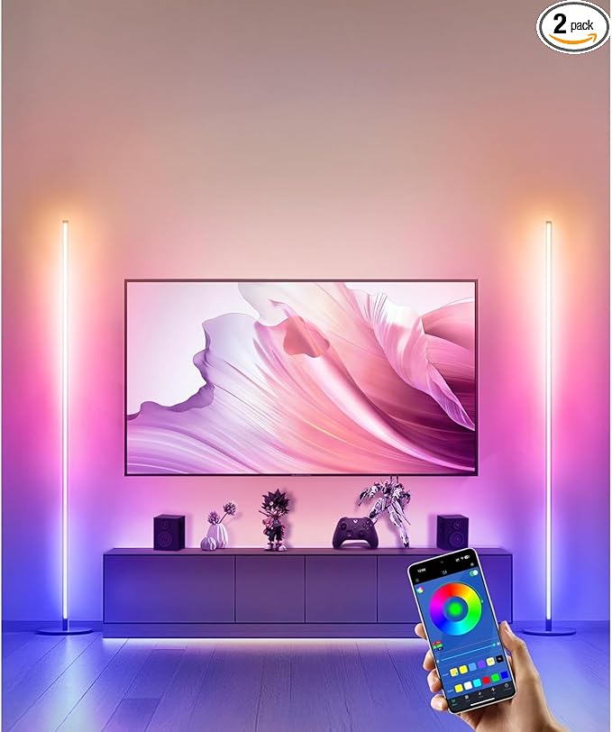 unionlux Corner Floor Lamp 2 Pack with APP/Remote, RGB Corner Light with IC Chasing Lights, Modern Floor Lamp for Gaming Living Room Bed Room