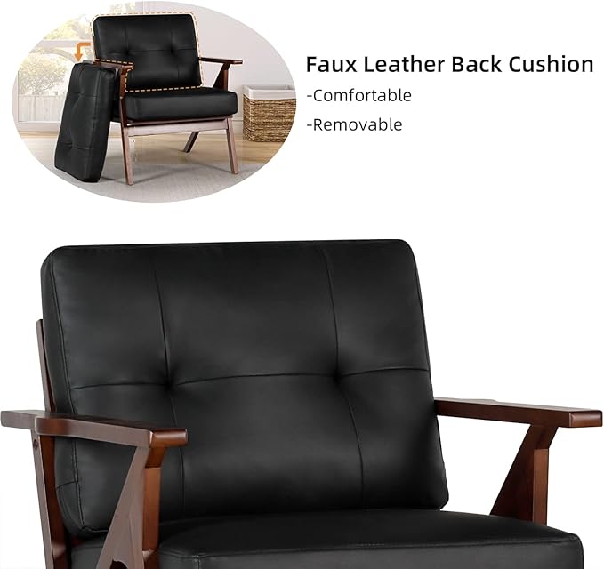 AODAILIHB Accent Chairs Set of 2, Mid Century Modern Accent Chairs, Retro Wood and Leather Armchairs, Lounge Reading Comfy Arm Chair for Living Room, Bedroom, Studio, Office (2, Black)