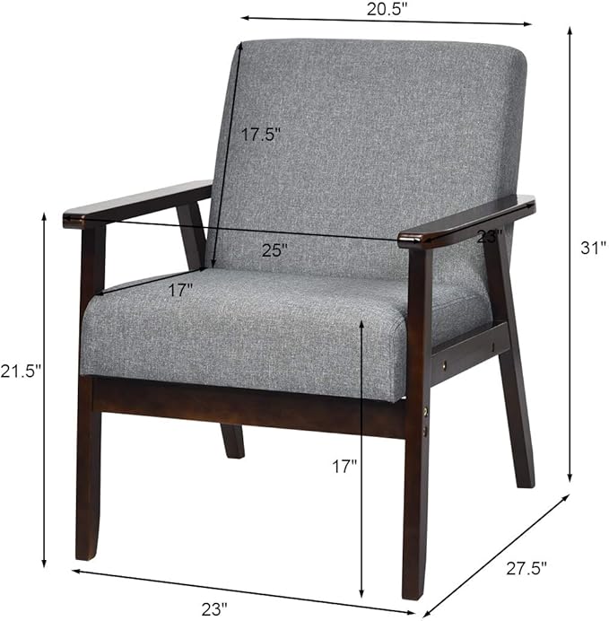 Giantex Mid-Century Modern Accent Chair, Retro Fabric Armchair, Solid Hardwood Made, Upholstered Linen Lounge Arm Chair for Living Room (1, Dark Grey)