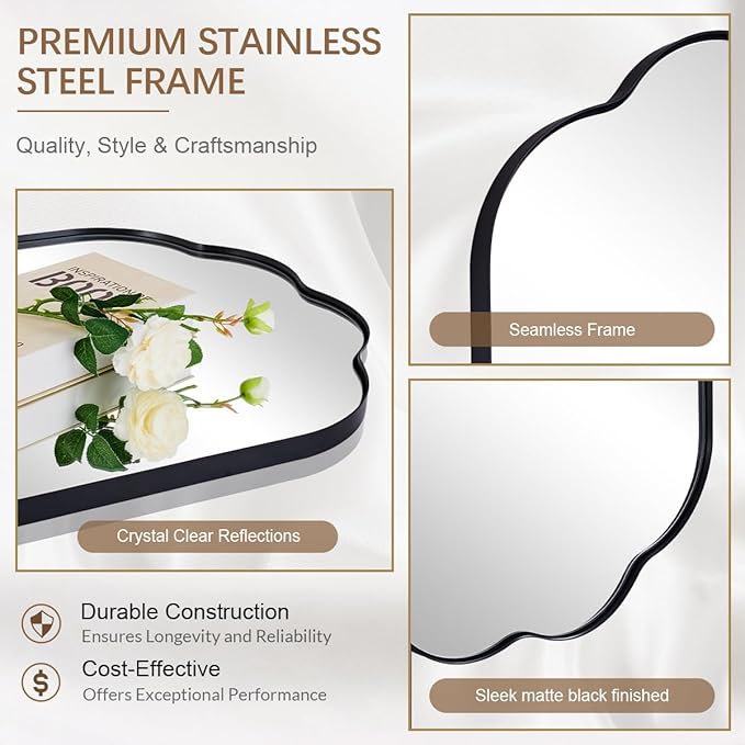 ANDY STAR Scalloped Bathroom Mirror, 24x36 Inch Matte Black Vanity Mirror in Stainless Steel Metal Frame, Unique Oval Mirror with Modern Curved Edge Design, Ideal for Bathroom, Bedroom, Entryway
