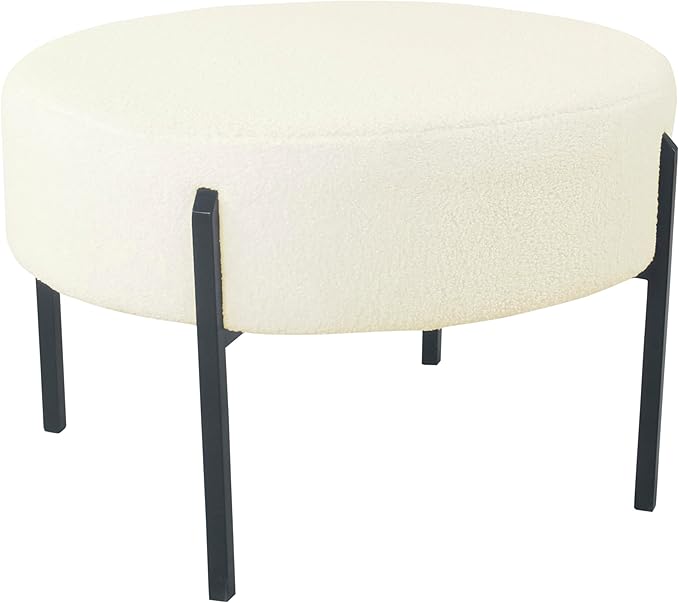 HomePop Modern Metal Sherpa Round Ottoman Home Décor Upholstered Round Foot Rest Ottoman - Cream