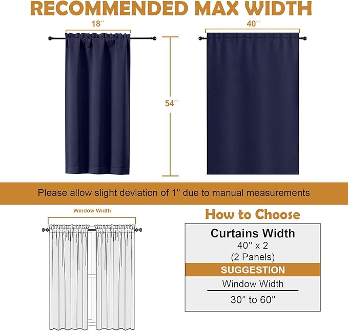 Aiyufeng Navy Blue Short Blackout Curtains for Bedroom 54 Inches Long 2 Panels Set, Solid Thermal Insulated, Energy Saving Window Treatment Curtains Blackout Drapes, W40 x L54 Inch, Navy Blue