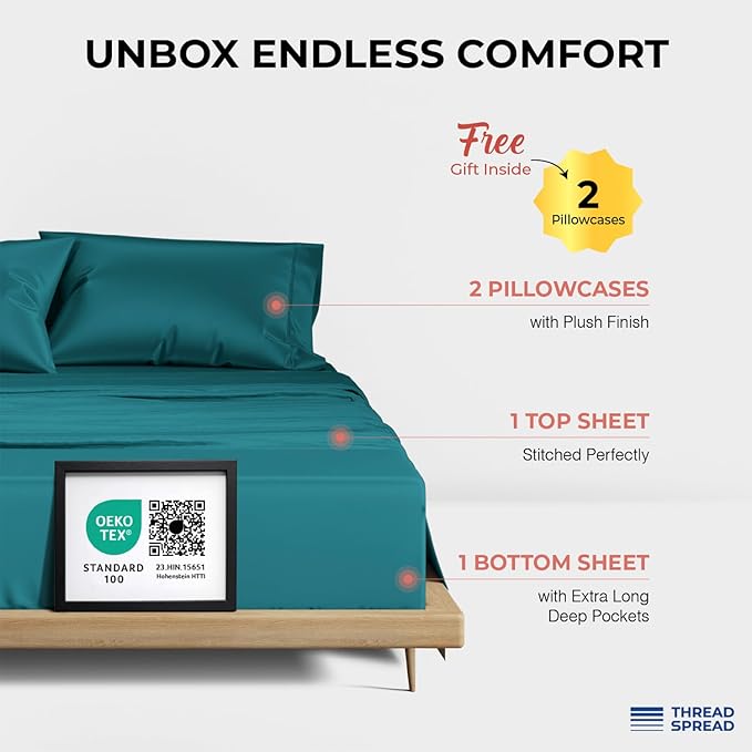 THREAD SPREAD 100% Egyptian Cotton King Size Sheets Set - Luxury 1200 Thread Count Egyptian Cotton Sheets King Size, 17" Deep Pocket, Soft, Cooling Sateen Weave Hotel Quality Bedding Set - Teal