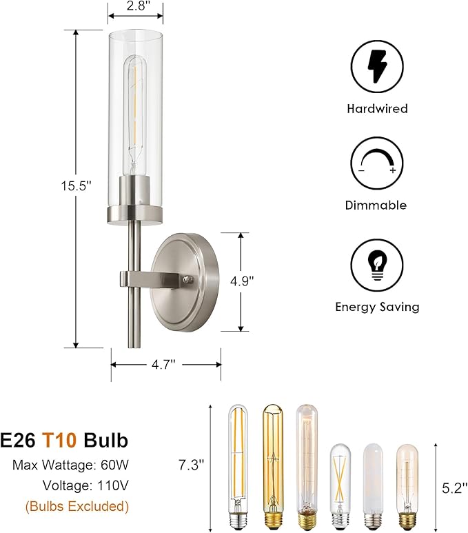 Brushed Nickel Hardwired Wall Sconces Set of 2, Modern Bathroom Sconces Vanity Light Fixture, Farmhouse Wall Mount Lamps for Mirror Living Room Bedroom Hallway
