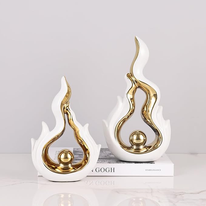 2 Pcs White and Gold Ceramic Sculptures for Home Decor, Modern Abstract Art Statues, Centerpieces for Dining Room Table, Living Room, Shelf, Mantel, Coffee Table, Entryway Accent Decorations