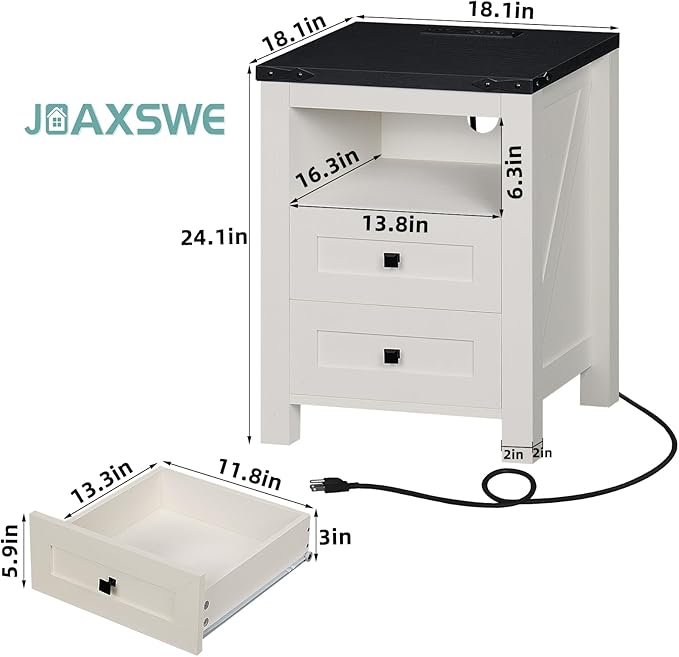 Night Stands with Charging Station Set of 2, Farmhouse Nightstand, White Wooden Bedside End Tables with 2 Drawers and Open Shelf, Bed Side Table for Bedroom, Living Room, Closet, Office