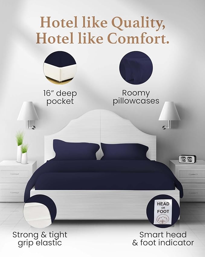 Good Sleep Bedding Sheets Queen Size Bed Set 1000 Thread Count - 100% Egyptian Cotton Bed Sheets Queen Size, 4 Pc, Long Staple Cotton Queen Sheet Set, Soft Queen Sheets Deep Pocket 16" - Navy Blue